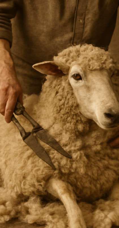 Sheep shearing: A creative break in the middle of nature with wool, flowers and countryside